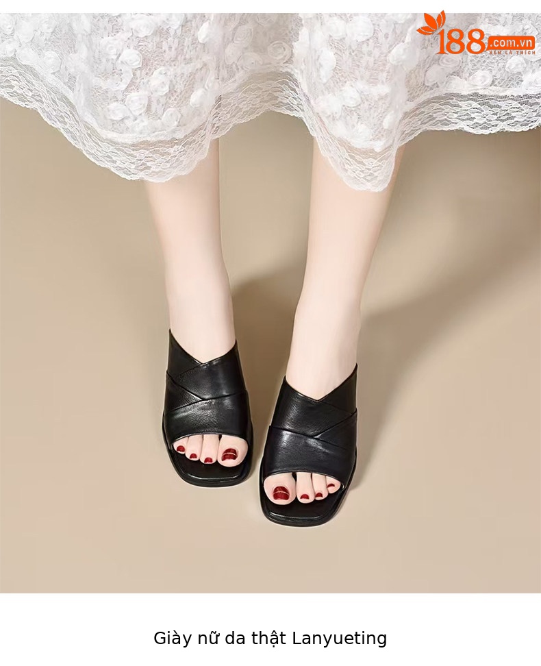 Sandal cao gót nữ mũi hở miệng cá da thật gót vuông quai ngang — màu đen chi tiết 5