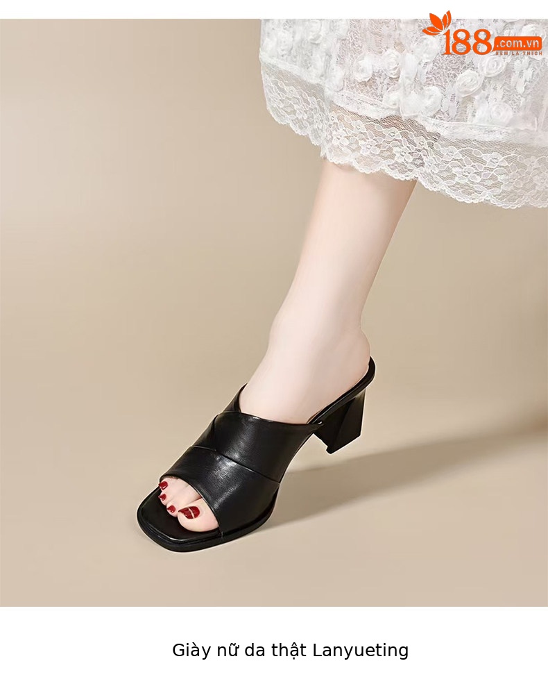 Sandal cao gót nữ mũi hở miệng cá da thật gót vuông quai ngang — màu đen chi tiết 6
