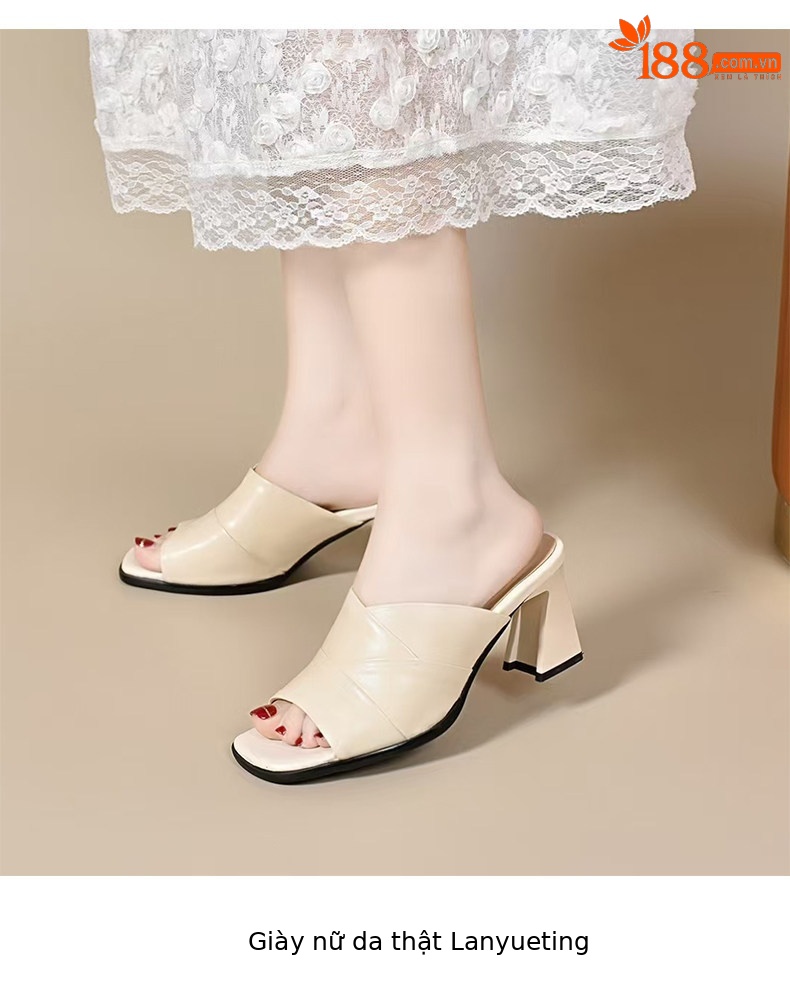 Sandal cao gót nữ mũi hở miệng cá da thật gót vuông quai ngang — màu đen chi tiết 7