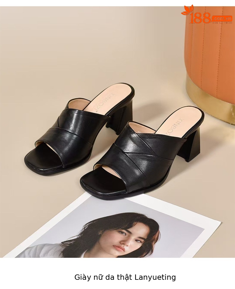 Sandal cao gót nữ mũi hở miệng cá da thật gót vuông quai ngang — màu đen chi tiết 8
