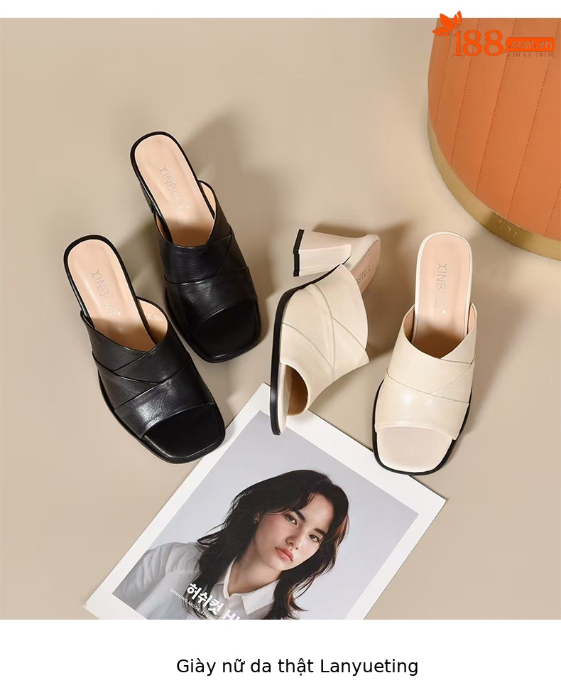 Sandal cao gót nữ mũi hở miệng cá da thật gót vuông quai ngang — màu đen chi tiết 9
