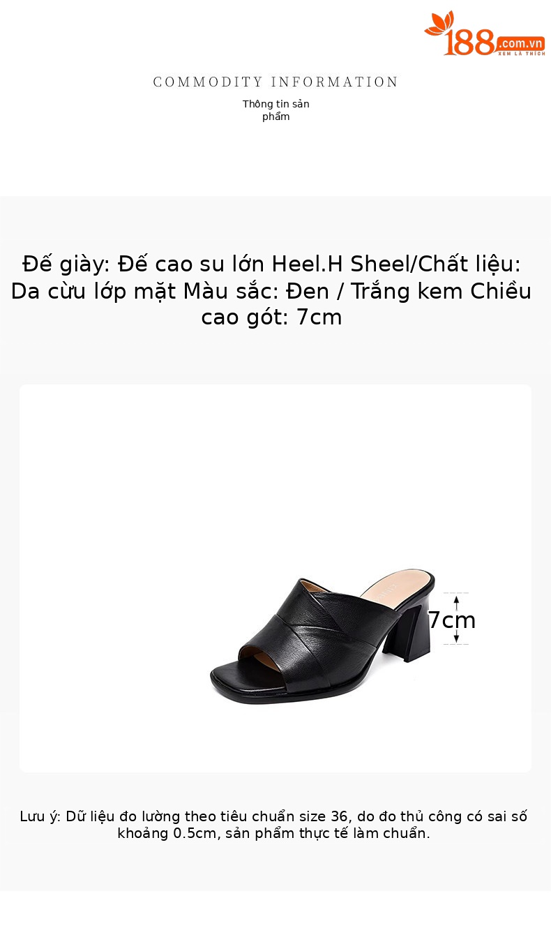 Sandal cao gót nữ mũi hở miệng cá da thật gót vuông quai ngang — màu đen chi tiết 1