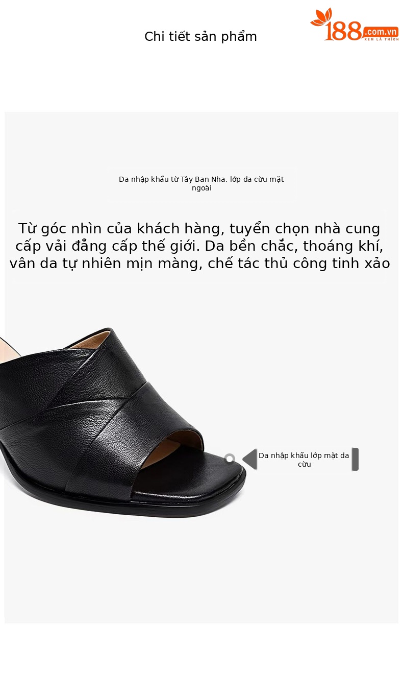 Sandal cao gót nữ mũi hở miệng cá da thật gót vuông quai ngang — màu đen chi tiết 2