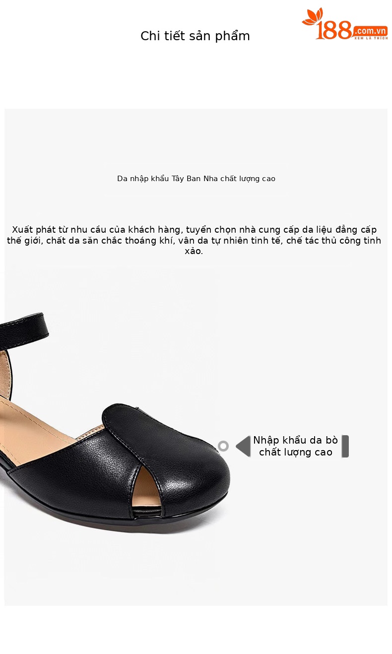 Sandal nữ quai ngang da thật gót thấp đế mềm mũi tròn — màu đen chi tiết 2
