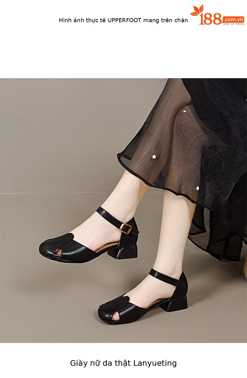Sandal nữ quai ngang da thật gót thấp đế mềm mũi tròn — màu đen chi tiết 3