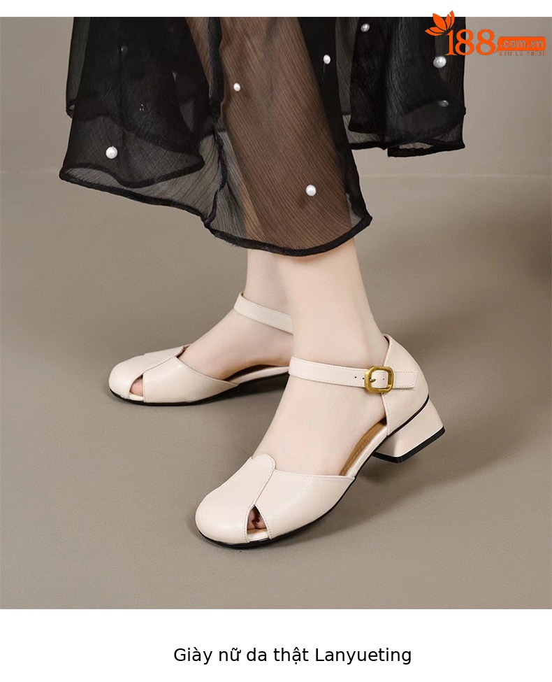 Sandal nữ quai ngang da thật gót thấp đế mềm mũi tròn — màu đen chi tiết 5