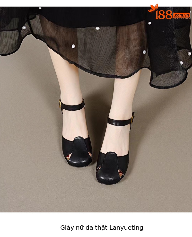 Sandal nữ quai ngang da thật gót thấp đế mềm mũi tròn — màu đen chi tiết 6