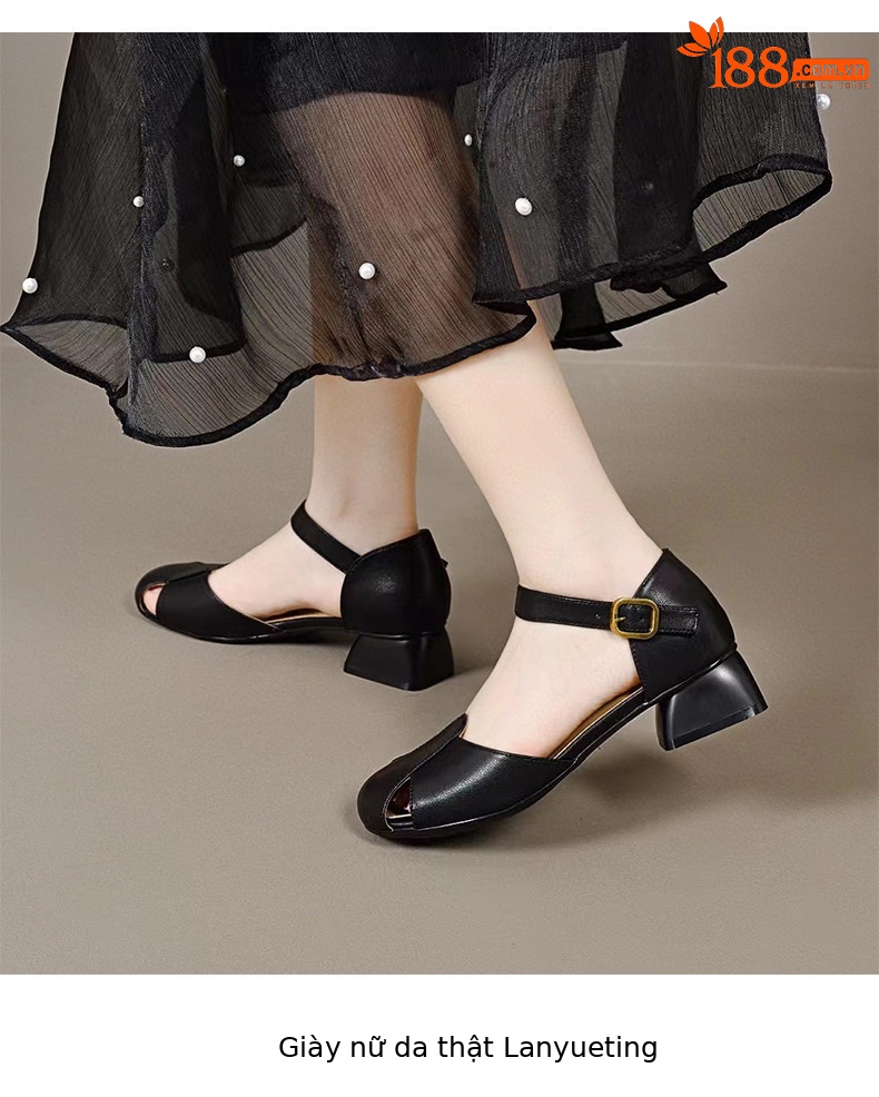 Sandal nữ quai ngang da thật gót thấp đế mềm mũi tròn — màu đen chi tiết 7