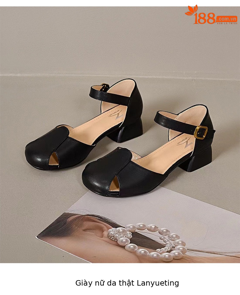 Sandal nữ quai ngang da thật gót thấp đế mềm mũi tròn — màu đen chi tiết 8