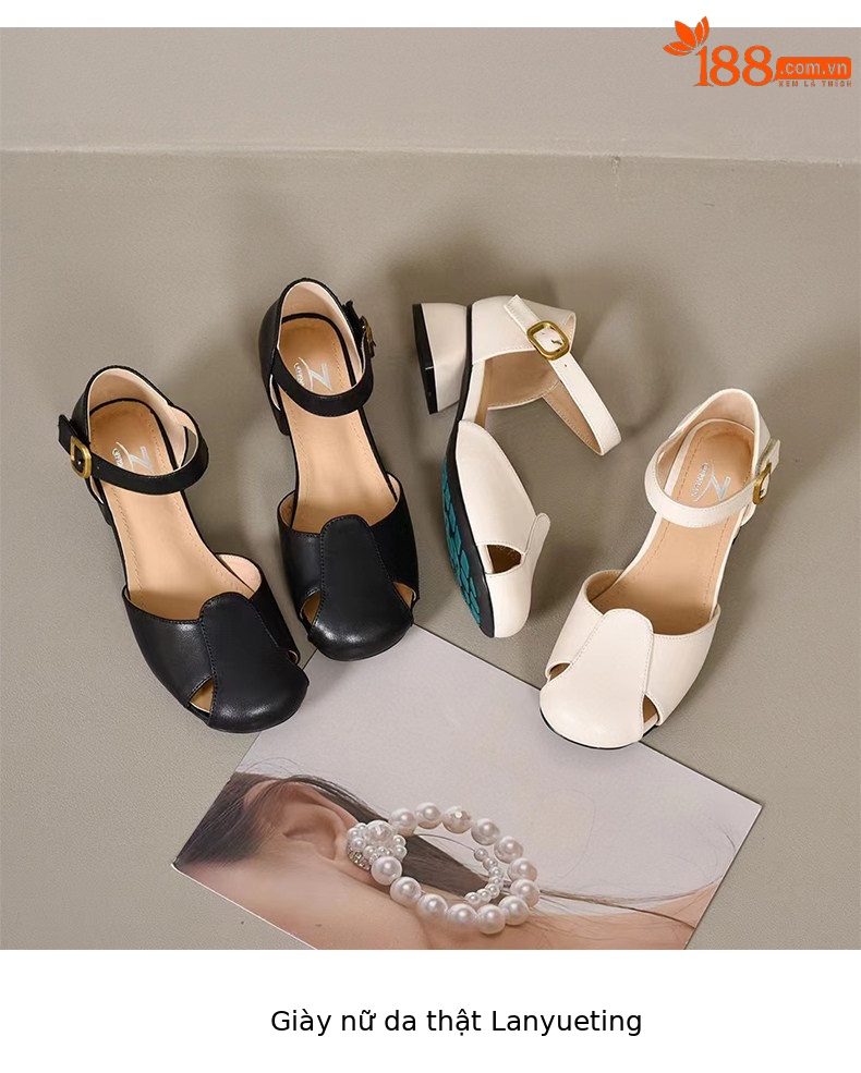 Sandal nữ quai ngang da thật gót thấp đế mềm mũi tròn — màu đen chi tiết 9