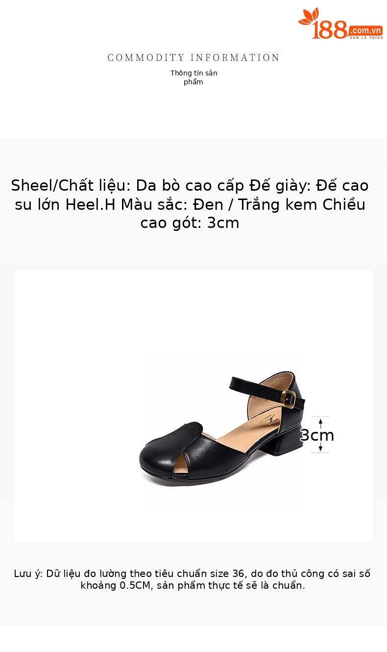 Sandal nữ quai ngang da thật gót thấp đế mềm mũi tròn — màu đen chi tiết 1
