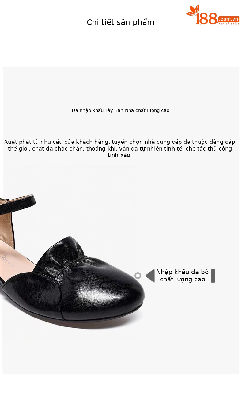 Sandal nữ da thật quai ngang gót thấp mũi kín phong cách tiên nữ — màu đen chi tiết 2
