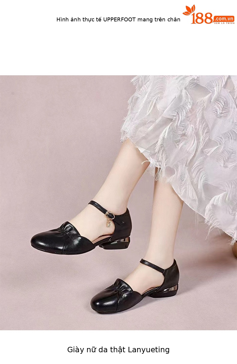 Sandal nữ da thật quai ngang gót thấp mũi kín phong cách tiên nữ — màu đen chi tiết 3
