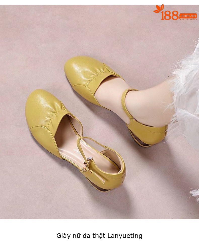 Sandal nữ da thật quai ngang gót thấp mũi kín phong cách tiên nữ — màu đen chi tiết 4