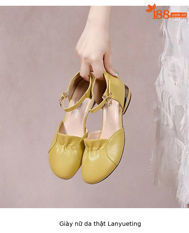 Sandal nữ da thật quai ngang gót thấp mũi kín phong cách tiên nữ — màu đen chi tiết 5