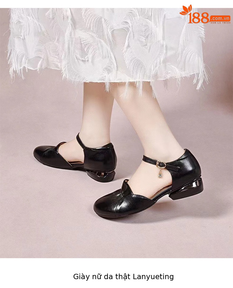 Sandal nữ da thật quai ngang gót thấp mũi kín phong cách tiên nữ — màu đen chi tiết 6