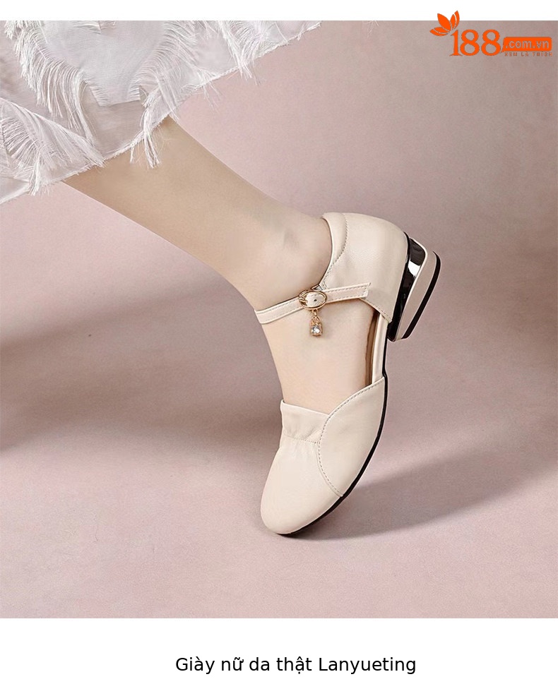 Sandal nữ da thật quai ngang gót thấp mũi kín phong cách tiên nữ — màu đen chi tiết 7