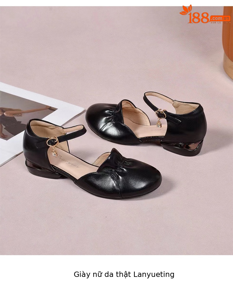 Sandal nữ da thật quai ngang gót thấp mũi kín phong cách tiên nữ — màu đen chi tiết 8
