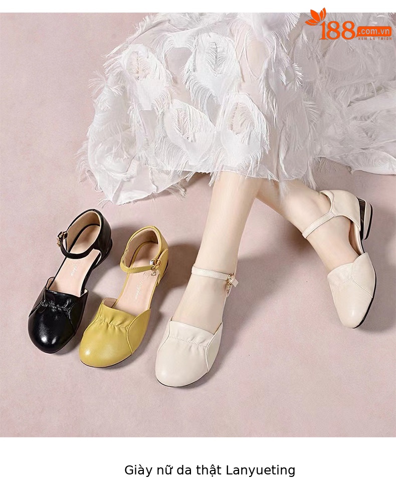 Sandal nữ da thật quai ngang gót thấp mũi kín phong cách tiên nữ — màu đen chi tiết 9