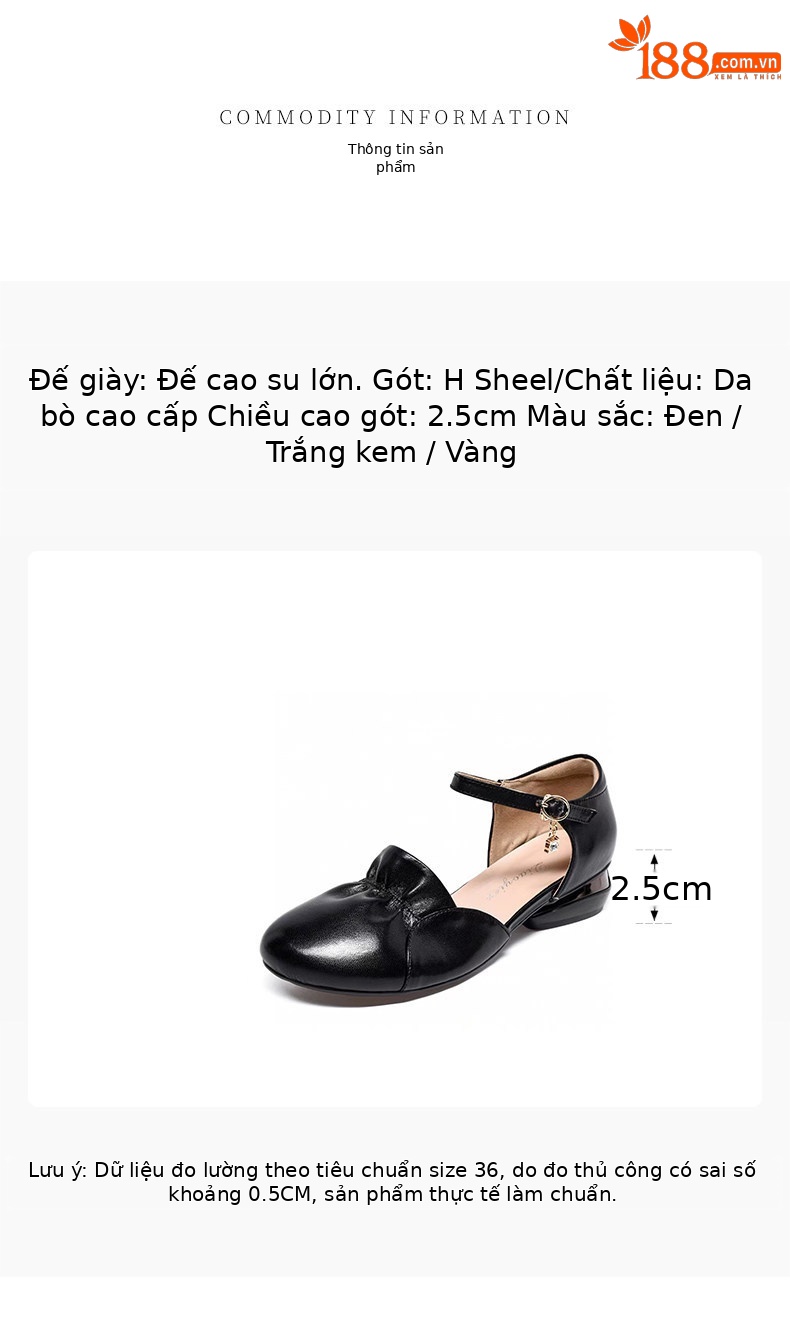 Sandal nữ da thật quai ngang gót thấp mũi kín phong cách tiên nữ — màu đen chi tiết 1
