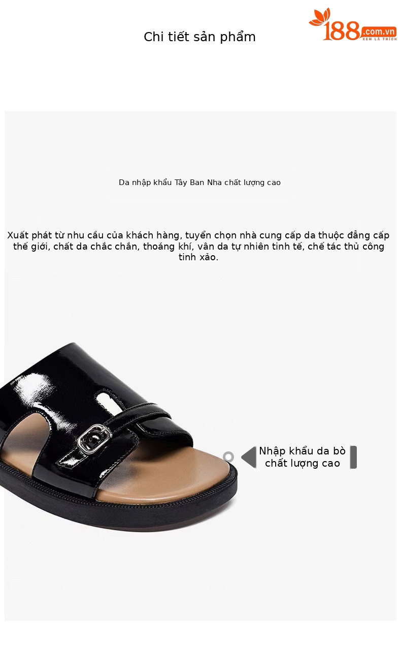 Dép sandal nữ đế bệt da thật quai chữ V hở ngón đi biển — màu đen chi tiết 2