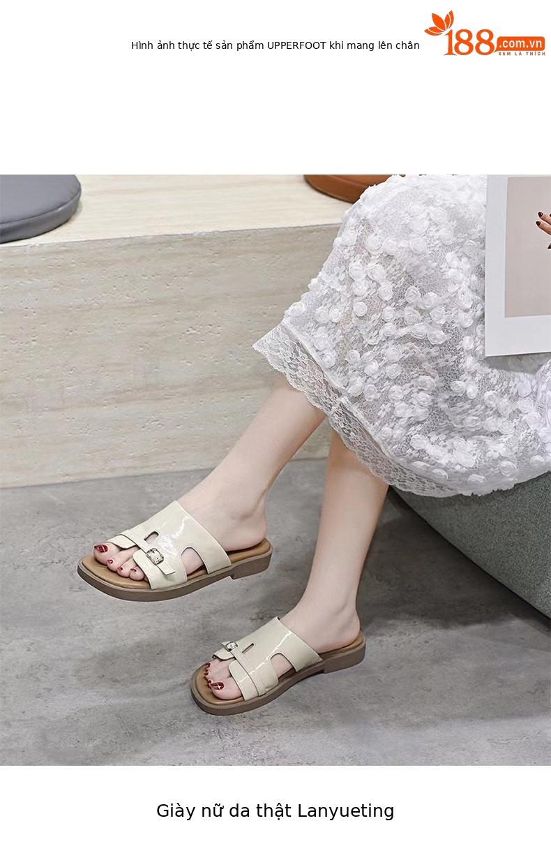 Dép sandal nữ đế bệt da thật quai chữ V hở ngón đi biển — màu đen chi tiết 3