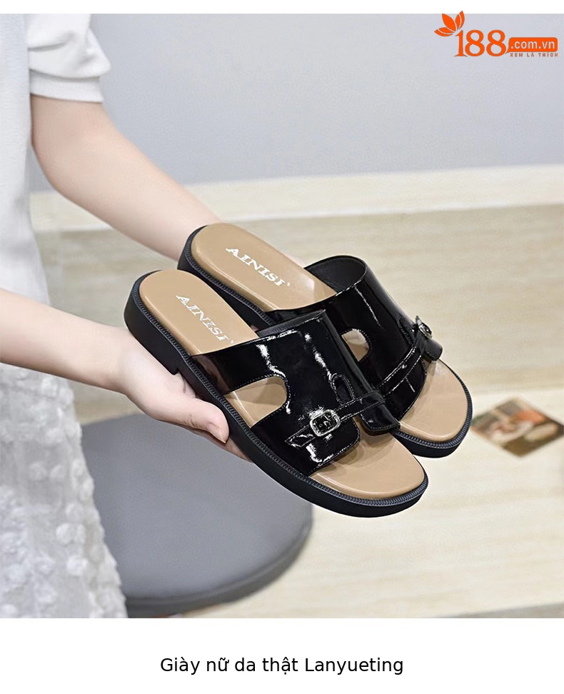 Dép sandal nữ đế bệt da thật quai chữ V hở ngón đi biển — màu đen chi tiết 4