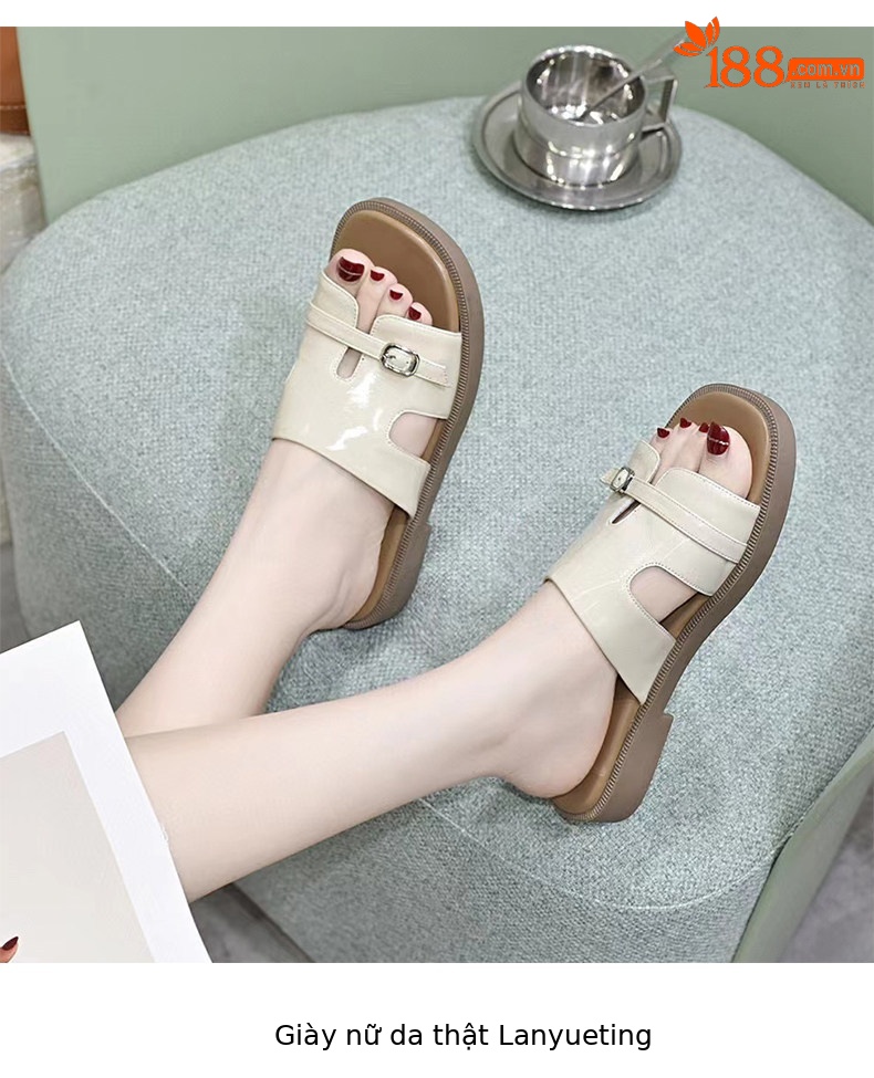 Dép sandal nữ đế bệt da thật quai chữ V hở ngón đi biển — màu đen chi tiết 5