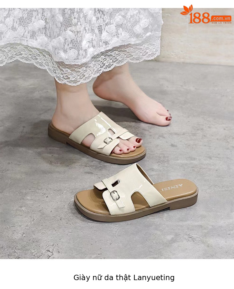 Dép sandal nữ đế bệt da thật quai chữ V hở ngón đi biển — màu đen chi tiết 6
