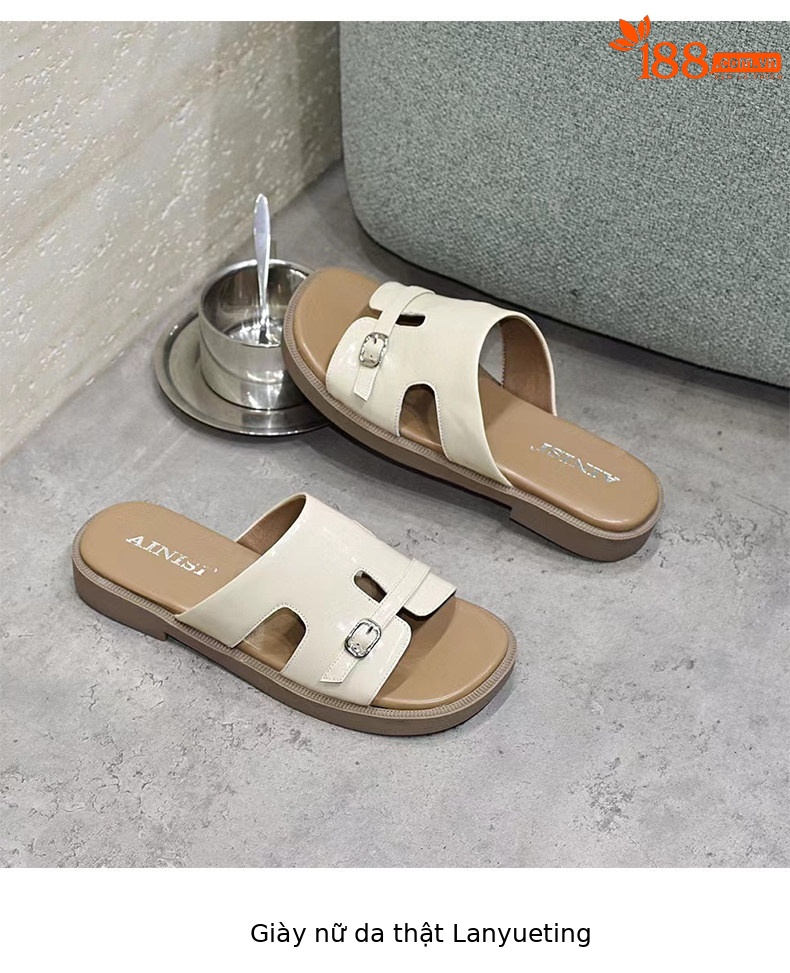 Dép sandal nữ đế bệt da thật quai chữ V hở ngón đi biển — màu đen chi tiết 8