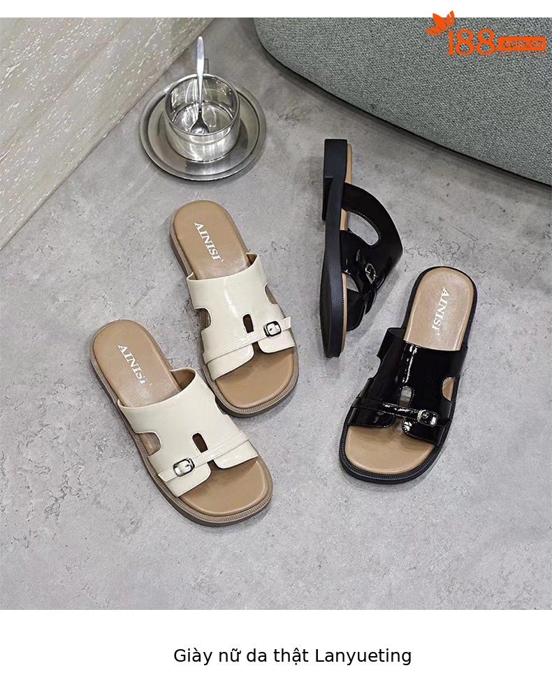 Dép sandal nữ đế bệt da thật quai chữ V hở ngón đi biển — màu đen chi tiết 9