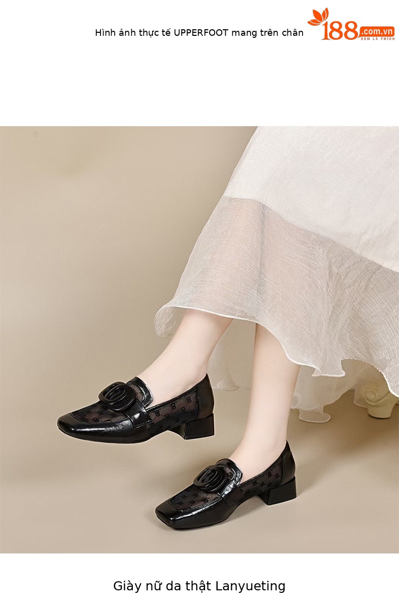 Sandal lười nữ mũi vuông gót thấp chất liệu da phối lưới thoáng khí — màu đen chi tiết 3