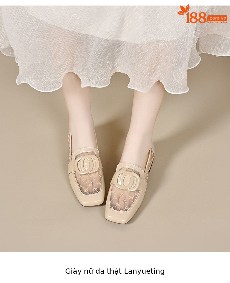 Sandal lười nữ mũi vuông gót thấp chất liệu da phối lưới thoáng khí — màu đen chi tiết 4