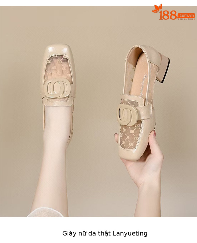Sandal lười nữ mũi vuông gót thấp chất liệu da phối lưới thoáng khí — màu đen chi tiết 5
