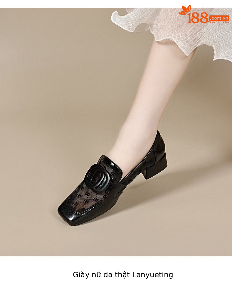 Sandal lười nữ mũi vuông gót thấp chất liệu da phối lưới thoáng khí — màu đen chi tiết 6