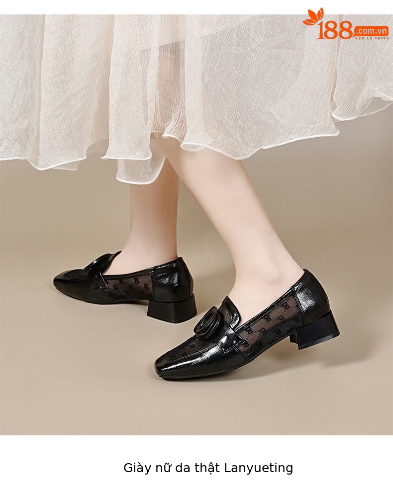 Sandal lười nữ mũi vuông gót thấp chất liệu da phối lưới thoáng khí — màu đen chi tiết 7