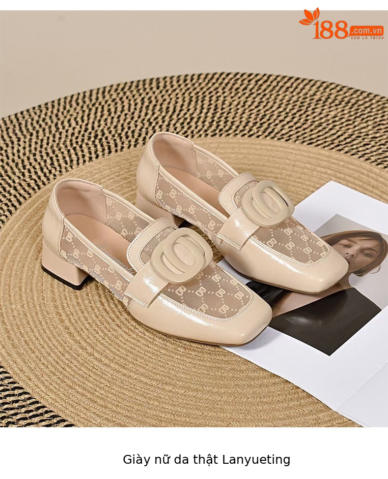 Sandal lười nữ mũi vuông gót thấp chất liệu da phối lưới thoáng khí — màu đen chi tiết 8