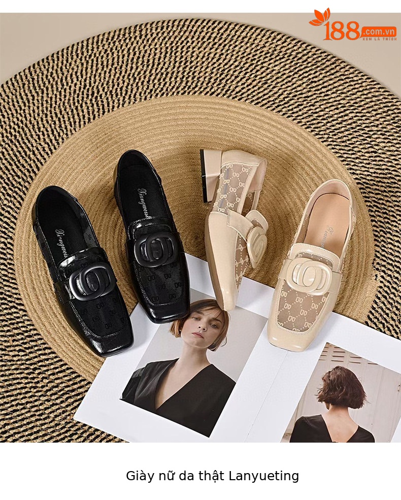 Sandal lười nữ mũi vuông gót thấp chất liệu da phối lưới thoáng khí — màu đen chi tiết 9
