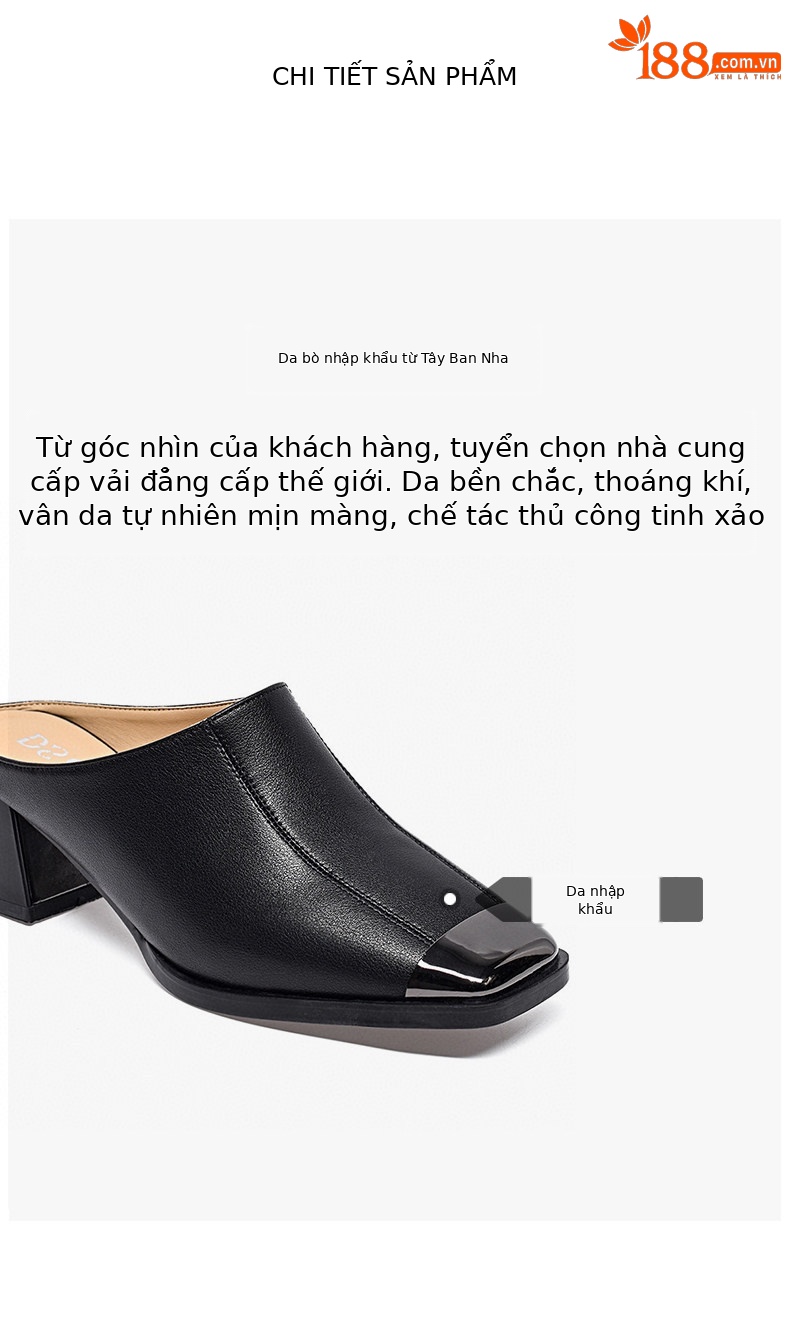 Dép lê nữ mũi trùm da thật gót thô chống đá sắt — màu đen chi tiết 2
