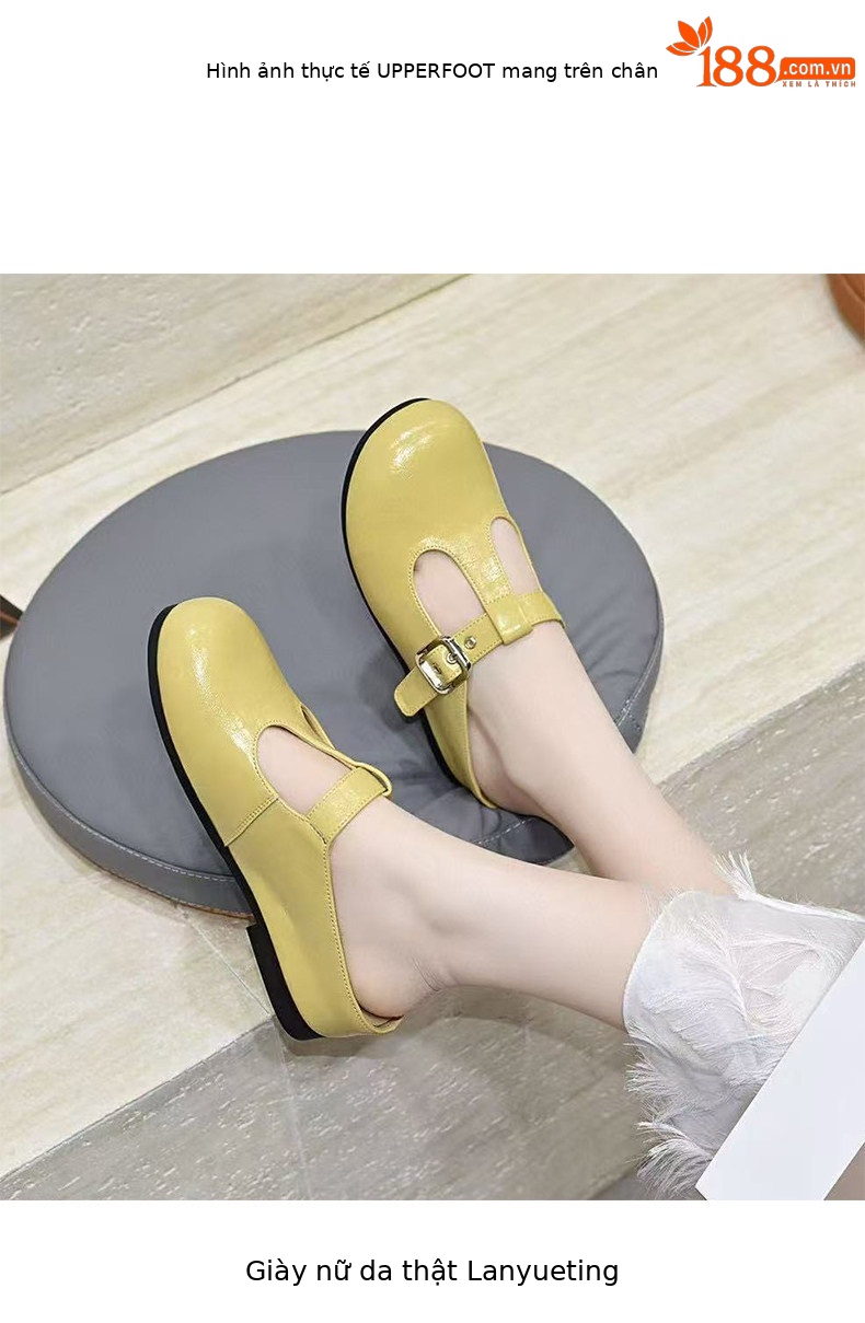 Dép mule nữ da thật mũi tròn đế bệt — màu đen chi tiết 3