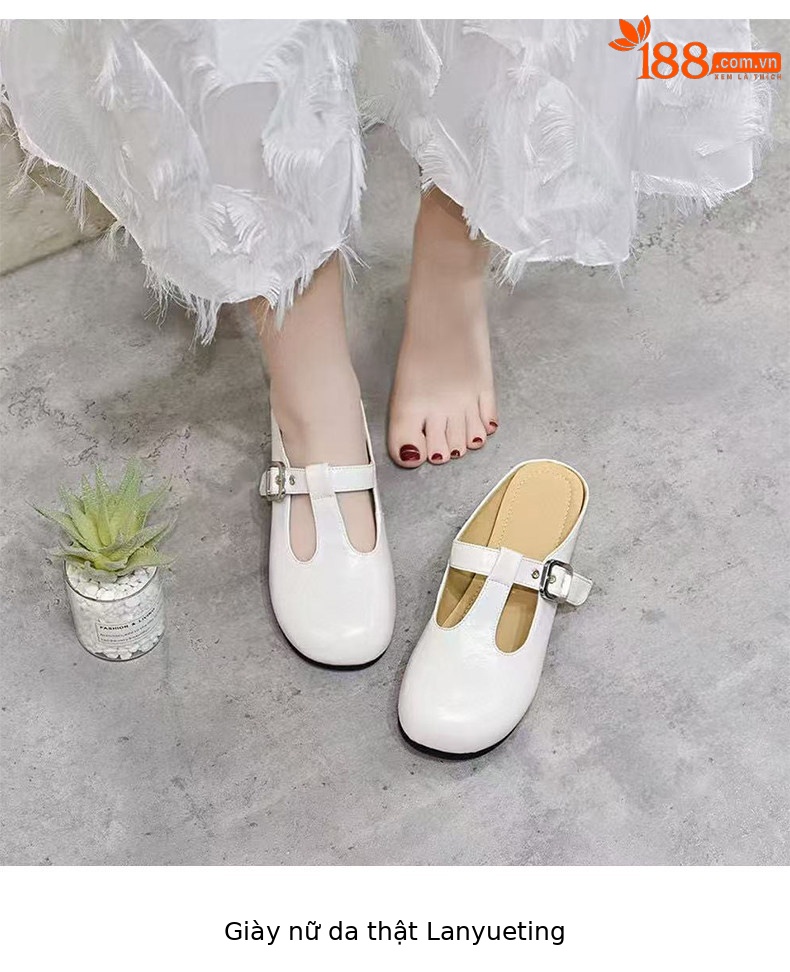 Dép mule nữ da thật mũi tròn đế bệt — màu đen chi tiết 4