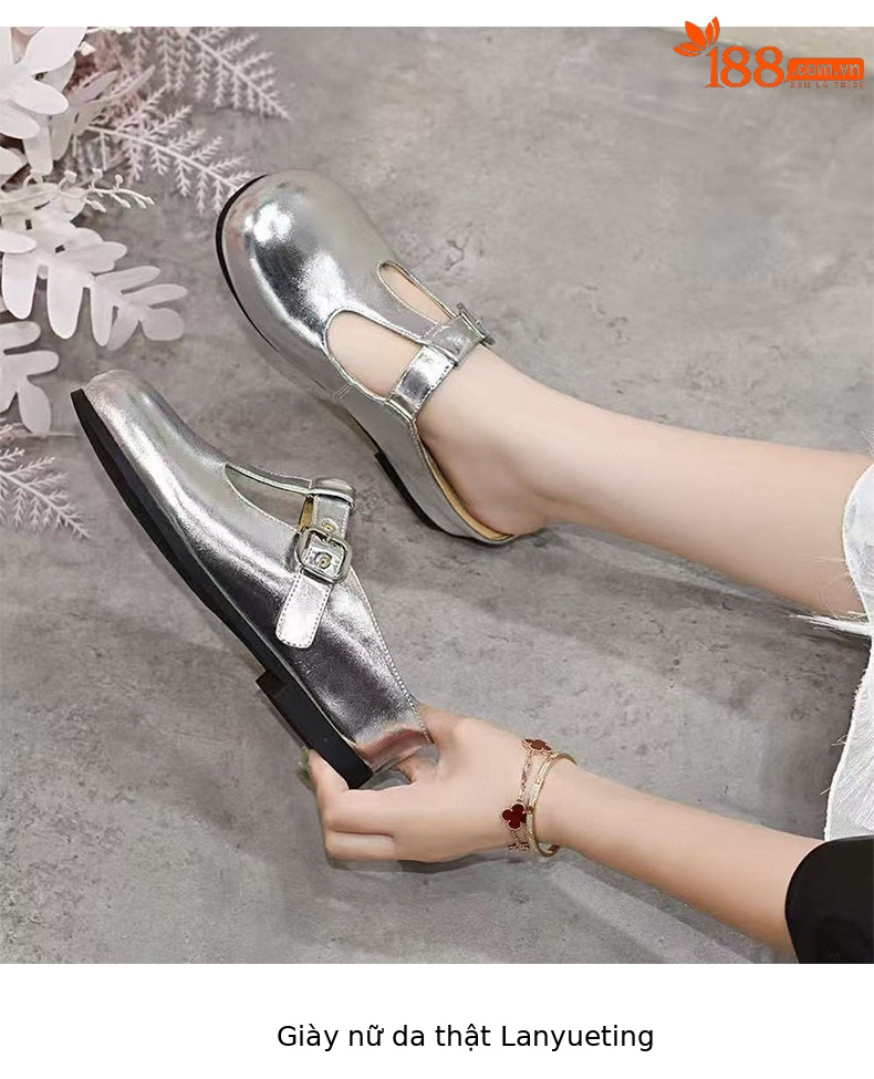 Dép mule nữ da thật mũi tròn đế bệt — màu đen chi tiết 5