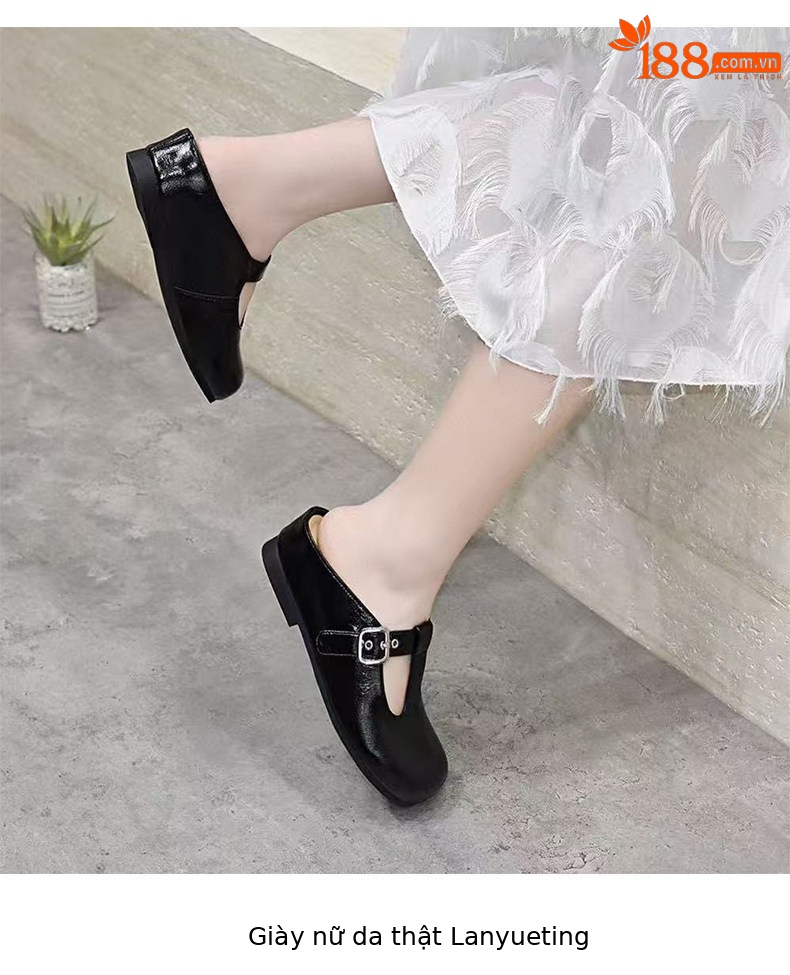 Dép mule nữ da thật mũi tròn đế bệt — màu đen chi tiết 6