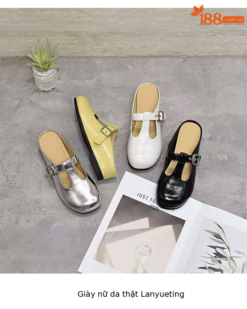 Dép mule nữ da thật mũi tròn đế bệt — màu đen chi tiết 9