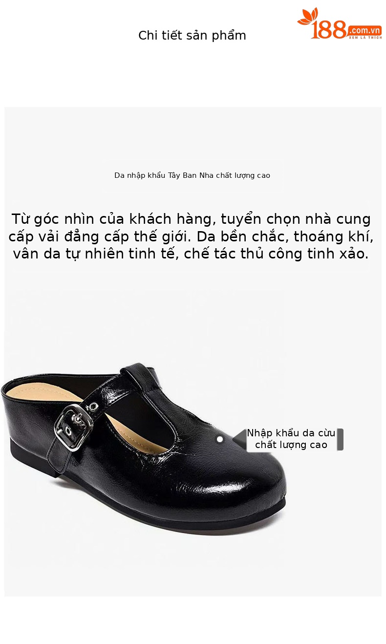 Dép mule nữ da thật mũi tròn đế bệt — màu đen chi tiết 2