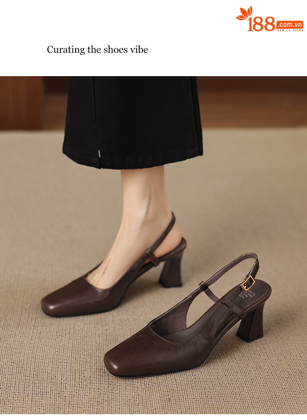 Sandal nữ cao gót 6,5 cm mũi hở quai khóa da bò — màu nâu chi tiết 9