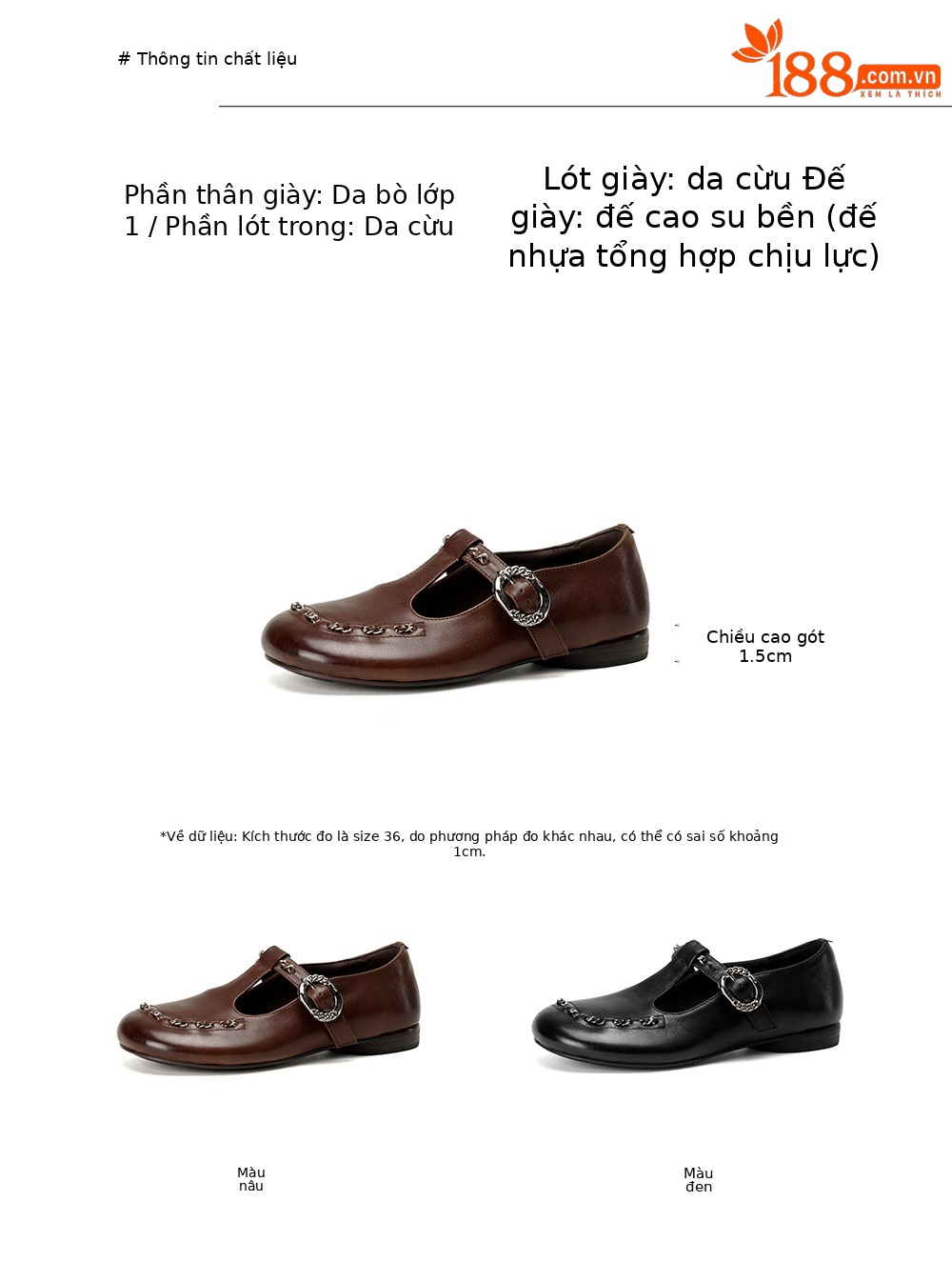 Giày Mary Jane nữ da bò thật quai ngang khóa T — màu nâu chi tiết 2
