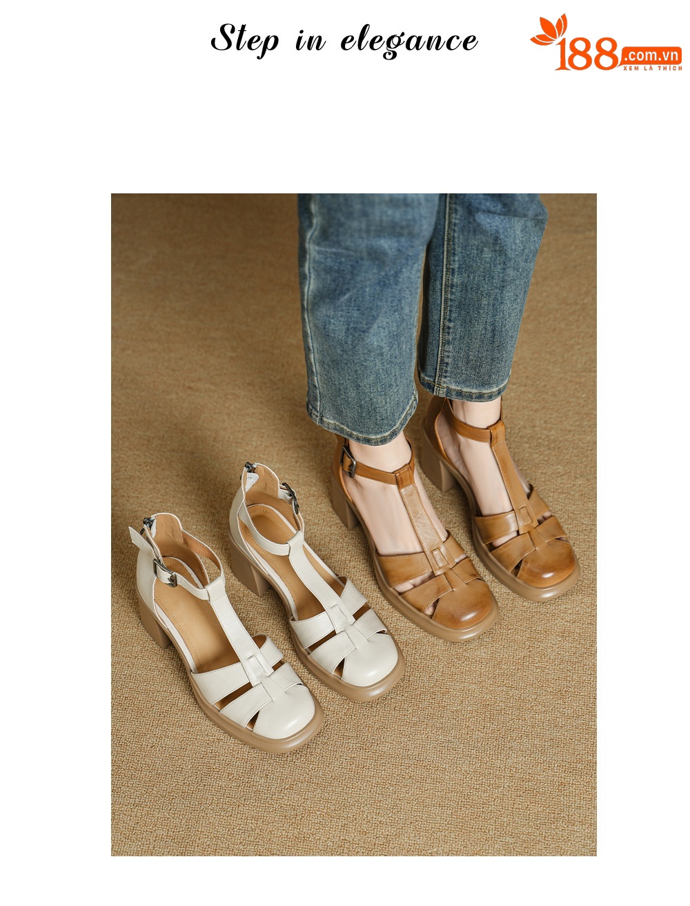 Sandal cao gót nữ phong cách La Mã, mũi kín gót kín, quai chữ T, gót 7.5 cm — màu trắng ngà chi tiết 1