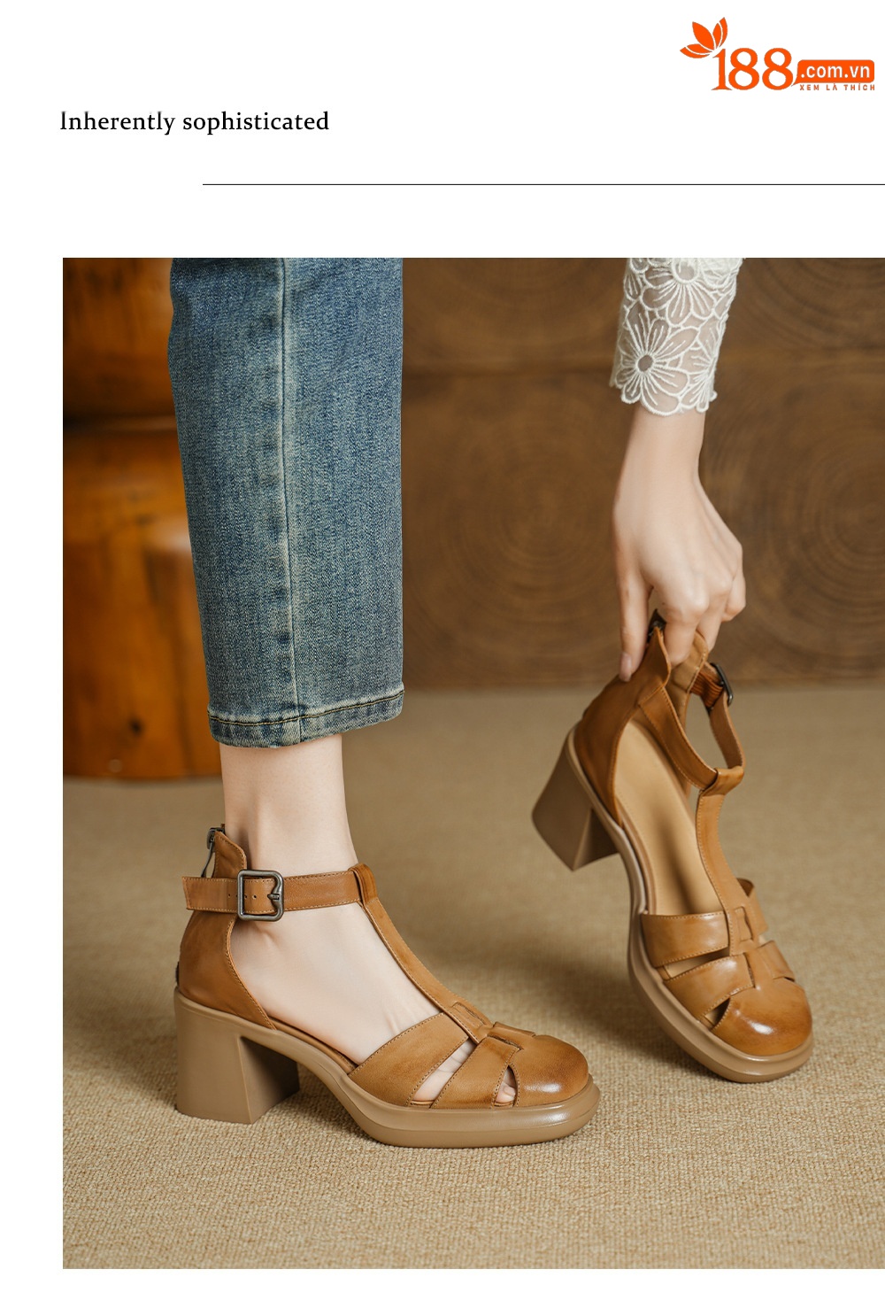 Sandal cao gót nữ phong cách La Mã, mũi kín gót kín, quai chữ T, gót 7.5 cm — màu trắng ngà chi tiết 6