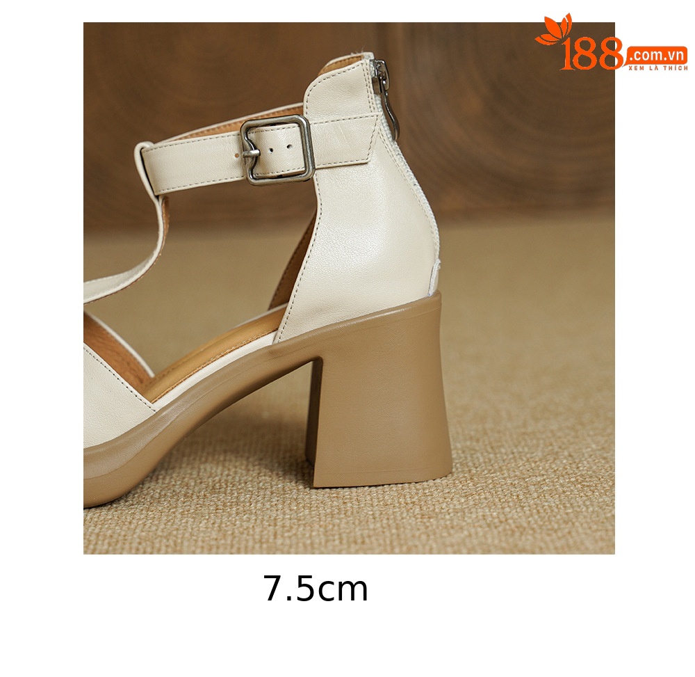 Sandal cao gót nữ phong cách La Mã, mũi kín gót kín, quai chữ T, gót 7.5 cm — màu trắng ngà chi tiết 17